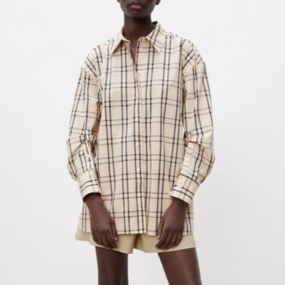 Zara Plaid Size Medium Tie Back Shirt Top Blouse Button Front Tan Gray womens - Picture 2 of 12